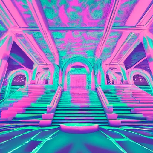 Prompt: a glowing vaporwave cathedral in a teal colored desert, night time