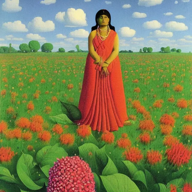 Image similar to hindu goddess in distance looking at you in beautiful meadow of flower, detailed painting by rene magritte