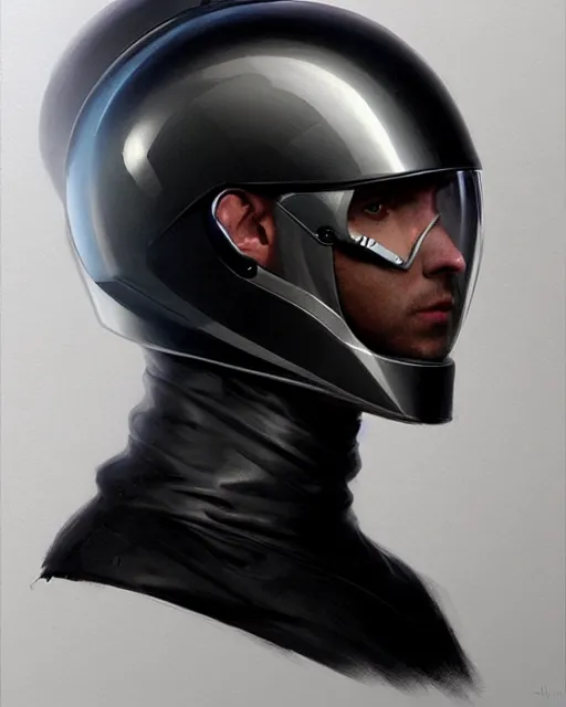 Prompt: smooth sleek black featureless full helmet, by greg rutkowski, mark brookes, jim burns, tom bagshaw, magali villeneuve, trending on artstation