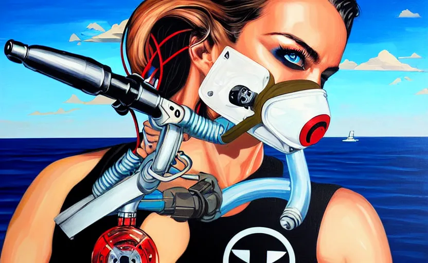 Prompt: rogue agent wearing oxygen mask holding a harpoon with sea background side profile by Sandra Chevrier