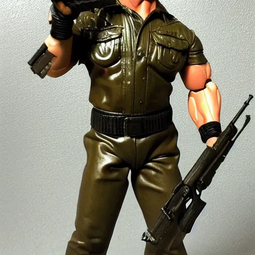 Image similar to a 12 inch action figure of Arnold Schwarzenegger from Commando. Big muscles. Holding an automatic rifle in his hands. Plastic shiny. Full body feet and head