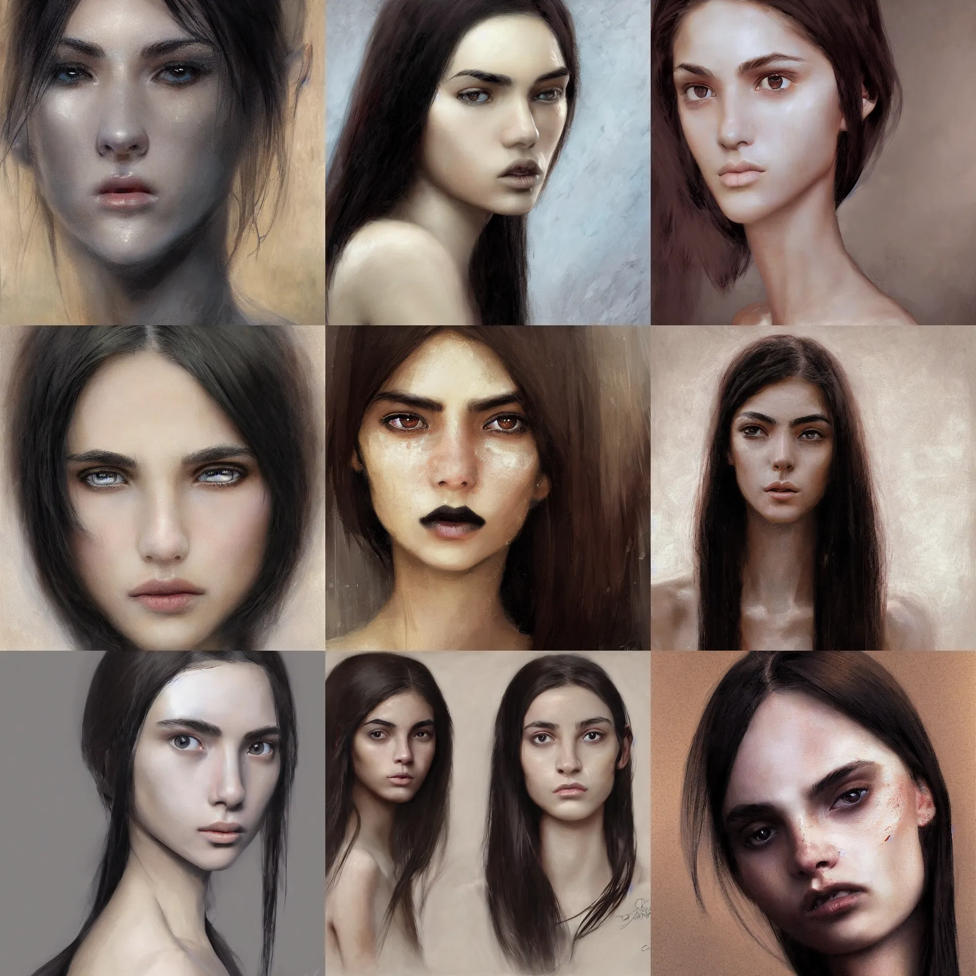 Prompt: digital art painting of a skinny 2 0 years old white skin young latino woman, long black straight hair, thick eyebrows, very small eyes, small straight nose, strong defined jaw, brown eyes painted by craig mullins and gaston bussiere and greg rutkowski, symmetrical facial features, symmetrical face, defined facial features, beautiful face, dramatic lighting