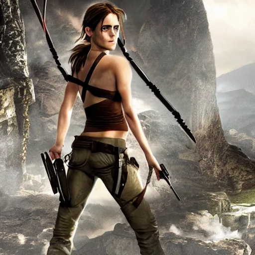 Prompt: photo realistic emma watson as lara croft