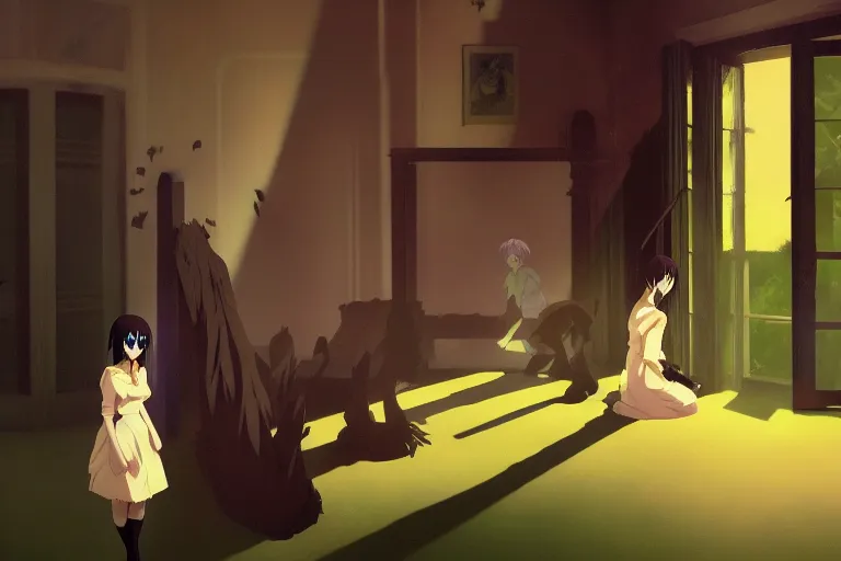 Image similar to anime key visual of anime maids found footage, spooky creepypasta, shaky trailcam, out of focus camera, style of jamie wyeth james gilleard edward hopper greg rutkowski acrylic painting, preserved museum piece, historical