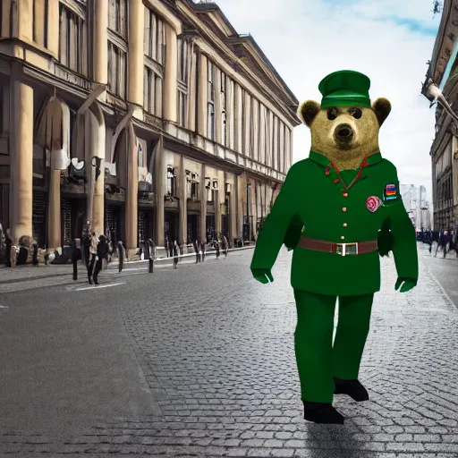 Image similar to a portrait of a socialist bear in a green military uniform with a hat, waving a red flag in Berlin, 4K realistic, hyper detailed, cinematic lighting, wow factor, award winning photo