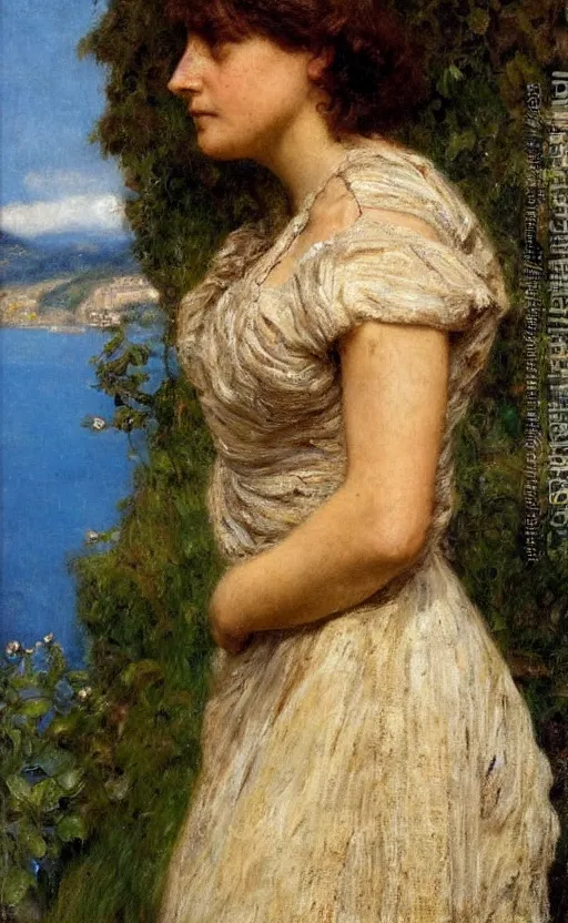 Prompt: oil portrait!!! by alma tadema of a woman looking at us, head slightly turned on the right, lake como!! in the background, short brown hair