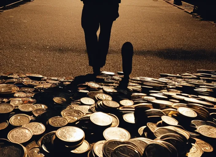 Image similar to a 3 5 mm photo from the back of a man walking over piles of coins, splash art, movie still, bokeh, canon 5 0 mm, cinematic lighting, dramatic, film, photography, golden hour, depth of field, award - winning, anamorphic lens flare, 8 k, hyper detailed, 3 5 mm film grain