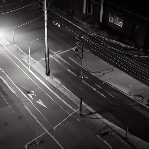 Image similar to A stunningly beautiful award-winning 8K high angle from 2nd floor cinematic movie photograph looking down diagonally across a spooky dark very foggy empty lightless moonlit main street intersection in an abandoned 1950s small town at night. perfect composition, moody low key backlit. Color palette from Seven, greens yellows and reds. 2 point perspective. Octane render