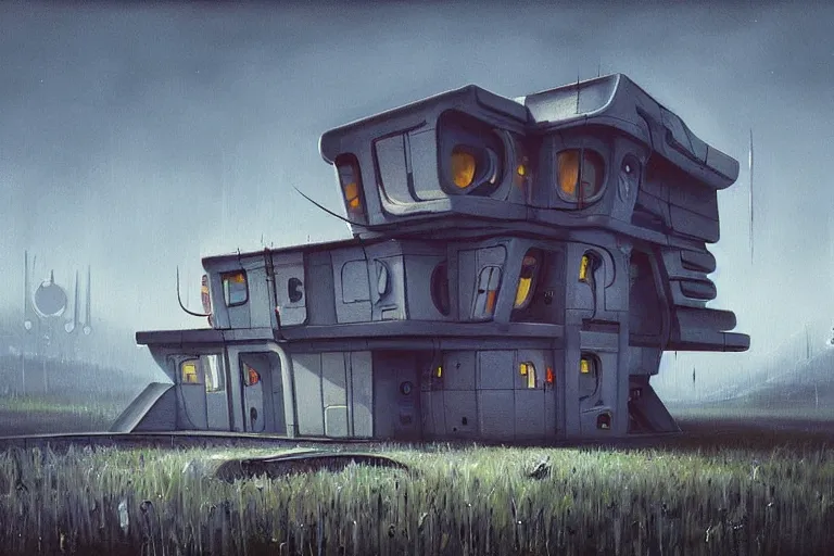 Image similar to beautiful painting of a futuristic house in the style of Simon Stålenhag and H. R. Giger, detailed, trending on Artstation