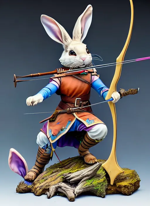 Prompt: a porcelain figurine of a heroic rabbit crossbowman, redwall, lisa frank and greg rutowski and jean baptiste monge, very detailed, epic fantasy concept art