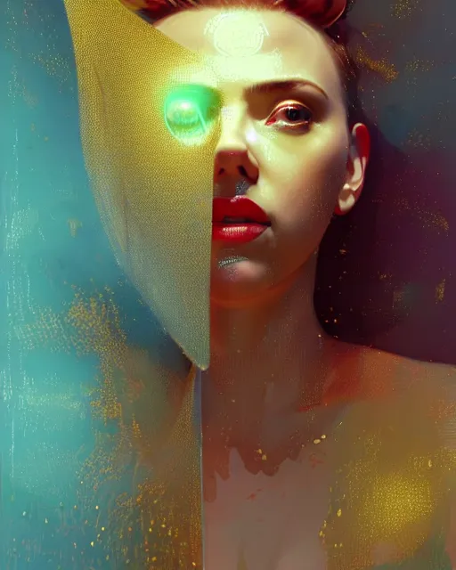 Prompt: Scarlett Johansson bathing in a gold tub, futuristic neon, decorated with traditional Japanese ornaments by Ismail inceoglu dragan bibin hans thoma greg rutkowski Alexandros Pyromallis Nekro Rene Maritte Illustrated, Perfect face, fine details, realistic shaded, fine-face, pretty face