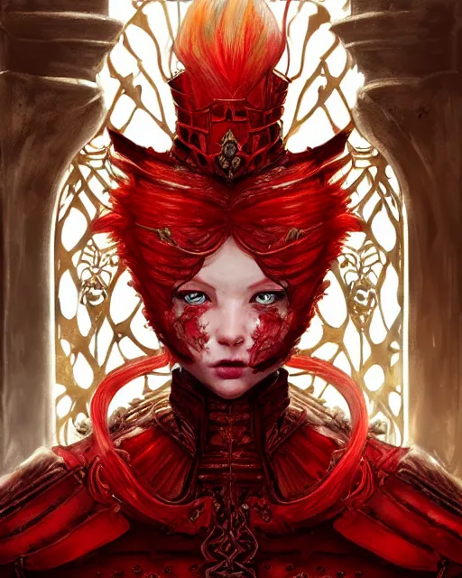 Image similar to redhead queen knight in red armor, inside grand hall in castle with rococo aesthetic, crown of roses, scarred face, elden ring, intimidating, high fantasy, intricate detail, digital painting, artstation, concept art, smooth, sharp focus, illustration, art by yoshitaka amano and monia merlo and wlop and artgerm