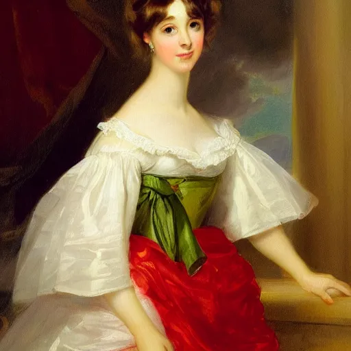 Prompt: a detailed oil painting of a beautiful Regency-era girl by Thomas Lawrence, empire gown, realistic fabric