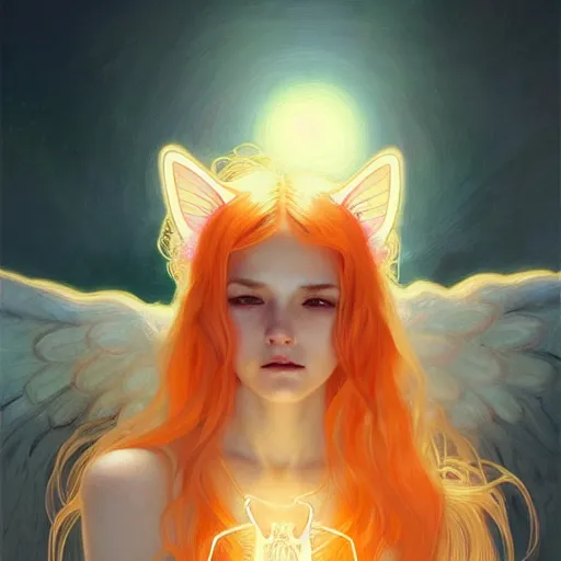 Image similar to Portrait of a girl angel with pale orange colored frizzy strands of illuminated hair, cat ears on her head, glowing halo, wings on her back, fantasy, intricate, elegant, highly detailed, digital painting, artstation, concept art, smooth, sharp focus, illustration, art by Krenz Cushart and Artem Demura and alphonse mucha