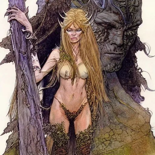 Image similar to a realistic and atmospheric watercolour fantasy character concept art portrait of brigitte bardot as a druidic warrior wizard looking at the camera with an intelligent gaze by rebecca guay, michael kaluta, charles vess and jean moebius giraud