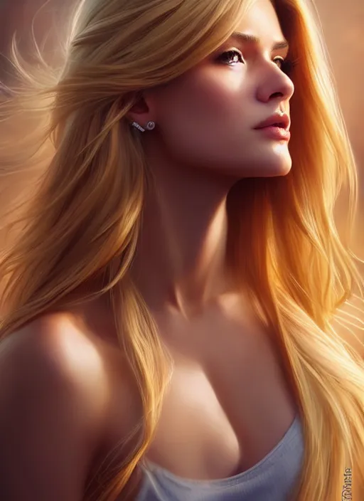 Image similar to photo of a gorgeous female with long blonde hair in the style of stefan kostic, realistic, full body shot, wide angle, sharp focus, 8 k high definition, insanely detailed, intricate, elegant, art by stanley lau and artgerm, floating embers