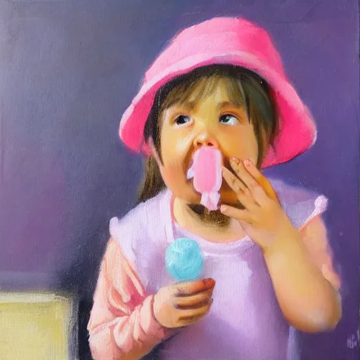 Image similar to A cute girl blowing gum in her mouth, wearing a pink hat, oil painting