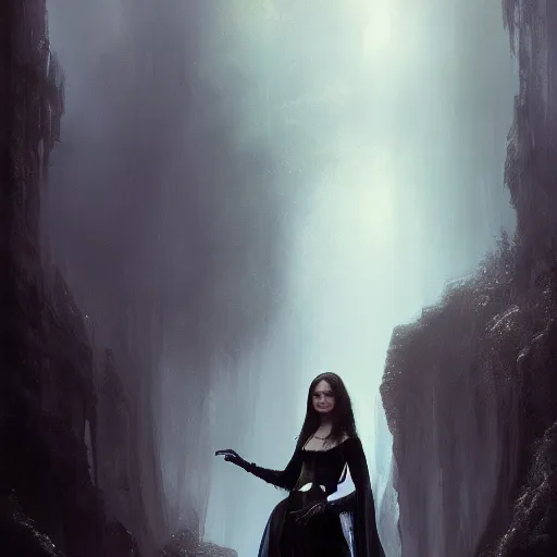 Prompt: portrait of a young mila kunis in a gothic dress, eerie colors, dramatic light, gorgeous view, depth, high detail, digital art, painted by greg rutkowski and seb mckinnon, by tim burton, trending on artstation