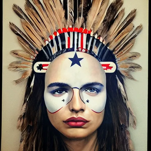 Image similar to a beautiful portrait sculpture designed by Sandra Chevrier, american indian headdress, American stars and stripes on face, by Annie Leibovitz