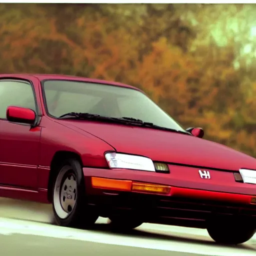 Prompt: stillframe of a 2 0 0 0 honda logo in dark red comor in the initial d series