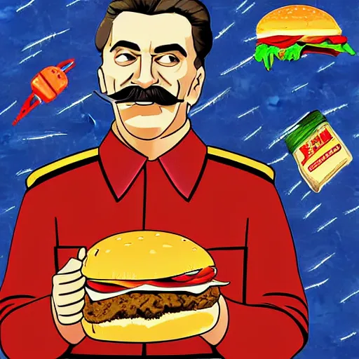 Prompt: Joseph Stalin eating a hamburger in space, digital art