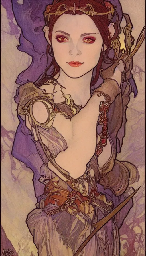 Prompt: fantasy dungeons & dragons portrait by Alfons Mucha,female elf,beautiful,D&D,detailed,elaborate