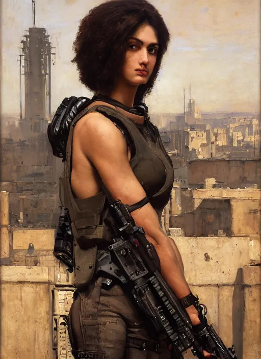 Image similar to buff Maria. beautiful cyberpunk soldier wearing a military vest and military gear (cyberpunk 2077). gorgeous face and afro. Iranian orientalist portrait by john william waterhouse and Edwin Longsden Long and Theodore Ralli and Nasreddine Dinet, oil on canvas. Cinematic, hyper realism, realistic proportions, dramatic lighting, high detail 4k