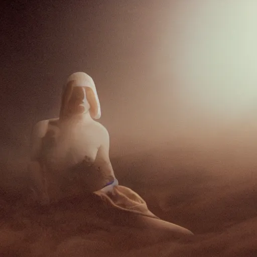 Image similar to The full body shot of beautiful pale woman with white flowers and full-face golden mask inside a thick black smoke in rocky desert landscape, glowing eyes everywhere, burning earth by Gaspar Noe and Christopher Doyle, anamorphic lens, anamorphic lens flares, kodakchrome, cinematic composition, practical effects, award winning photo, 8k