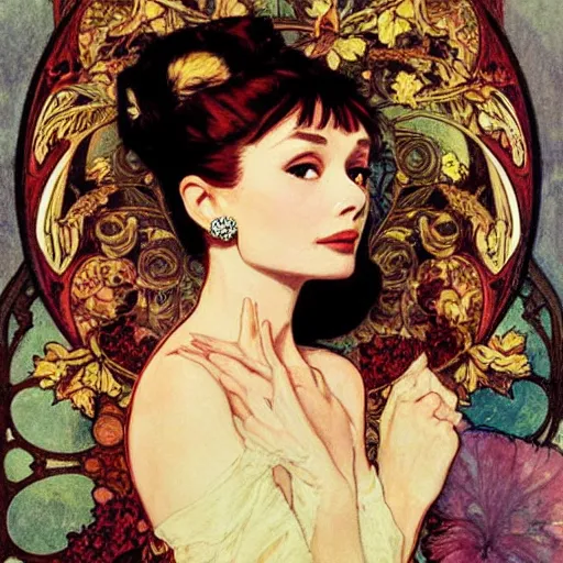 Image similar to romantic painted portrait of audrey hepburn by james jean, mucha