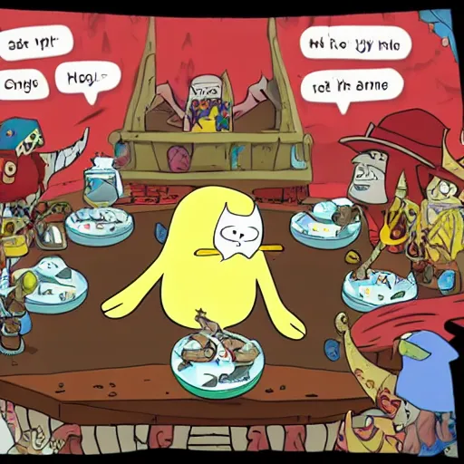 Prompt: The Pirate king dines on dragon hearts, his court of penguins cheer him on. in the style of Adventure Time by Pendleton Ward. The feeling is Raucous and Joyful.