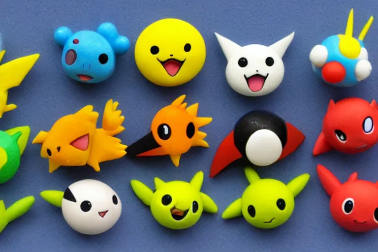 Image similar to cute pokemons representing fundamental particles, made of FIMO