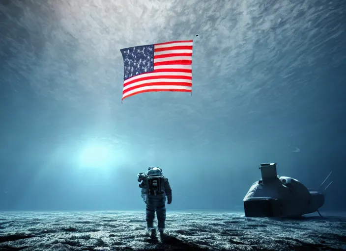 Image similar to astronaut holding a flag in an underwater desert. a submarine is visible in the distance. dark, concept art, cinematic, dramatic, atmospheric, 8 k, trending on artstation, blue, fish, low visibility, light rays, extremely coherent, bubbles, fog, ocean floor, christopher nolan, interstellar