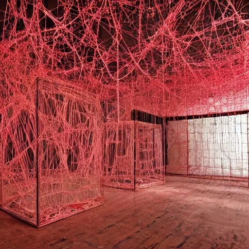 Prompt: fantastical structures by Chiharu Shiota