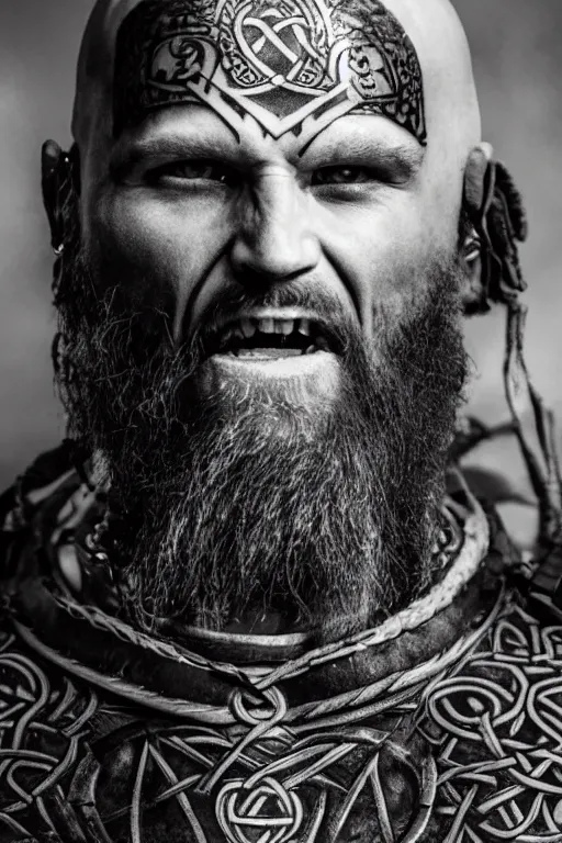 Prompt: a cinematic view of wide bw photo from a very ornated old rasputin viking, shaved haircut, showing celtic tattoos in the head, using leather armour with necklace of teeth, naughty expression, photorealistic, volummetric light, depth of field, detailed, texturized, zeiss lens high professional mode