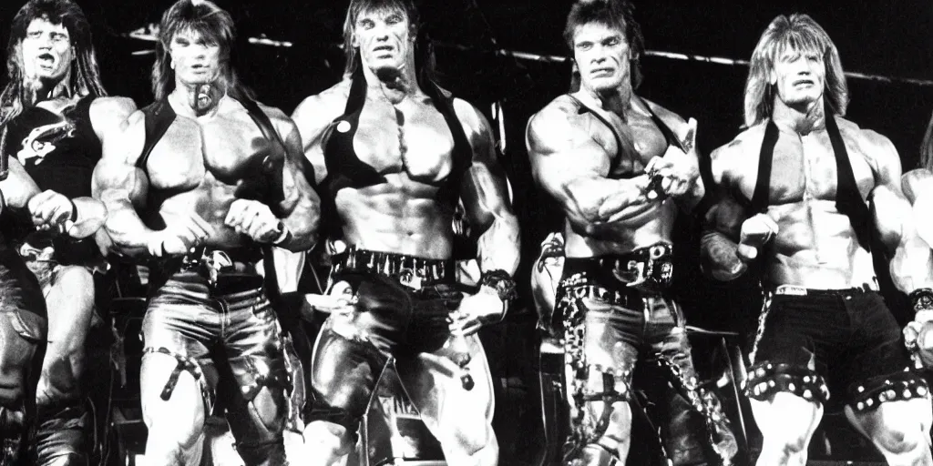Prompt: photo off arnold schwarzenegger, sylvester stallone, dolph_lundgren, Chuck Norris and Jean-Claude Van Damme in a heavy metal band on stage 1985