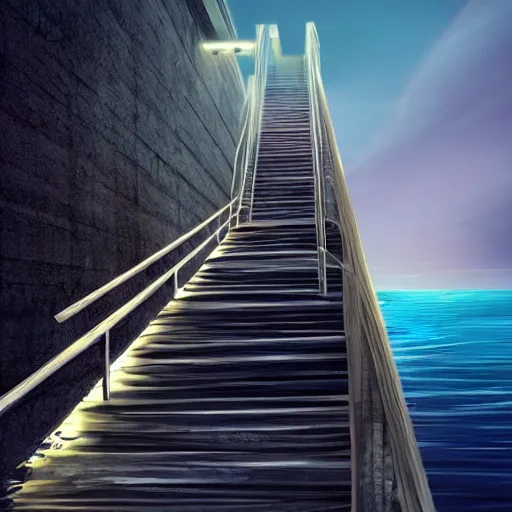 Image similar to stairs leading into the ocean at night, lit up by a single lamp post, dynamic lighting, photorealistic concept art, trending on art station, stunning visuals, creative, cinematic, ultra detailed