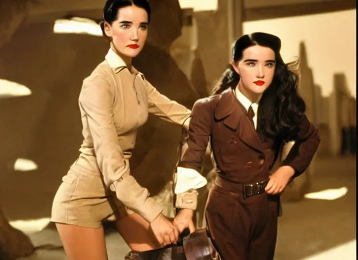 Image similar to a color movie still from the modern film the rocketeer featuring young jennifer connelly in her role as jenny blake ; color