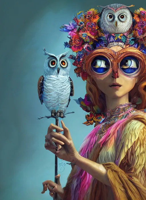 Image similar to an anthropomorphic beautiful goddess female wizard made of owl portrait holding a staff wearing colourful robe, fine art, award winning, intricate, elegant, sharp focus, octane render, hyperrealistic, cinematic lighting, highly detailed, digital painting, 8 k concept art, art by jamie hewlett and z. w. gu, masterpiece, trending on artstation, 8 k