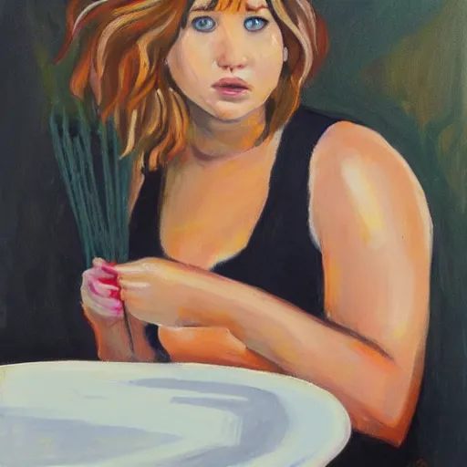 Image similar to fat jennifer lawrence eating spaghetti, painting,