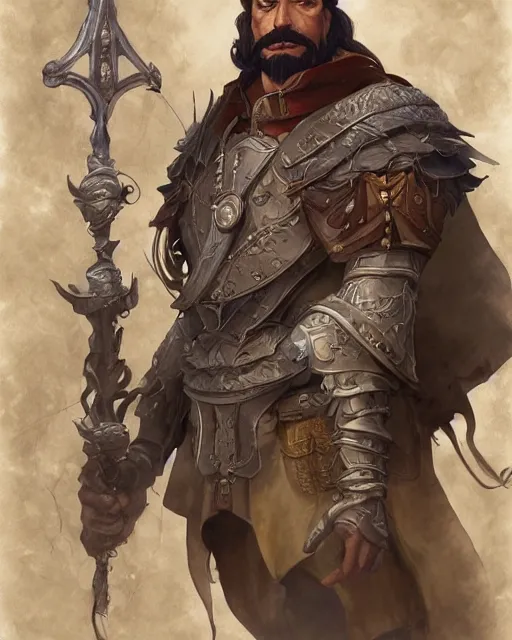 Image similar to digital painting of hernan cortes by filipe pagliuso and justin gerard, symmetric, fantasy, detailed, intricate, portrait, digital painting, sharp focus, tarot card, studio ghibli color scheme, handsome, concept art, alluring, game art, cel shading