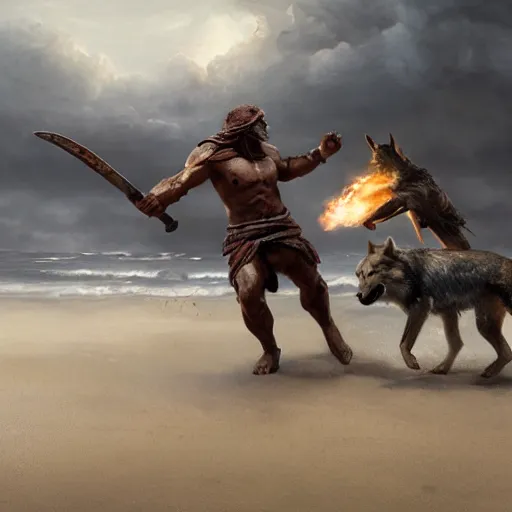 Prompt: an spartan man fighting with an wolf on a beach, Matte painting , detailed painting, made by Greg Rutkowski, 4k, atmospheric