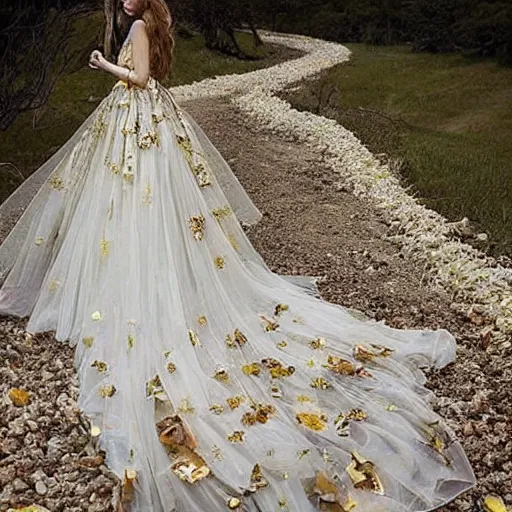 Image similar to a long wedding dress with a train made of flower petals made of light - colored fabric. transparent in places. in places, patterns of precious stones. intricate patterns of gold thin threads. fantasy. clear details