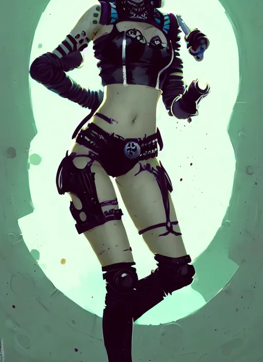 Image similar to portrait of cute goth harley quinn in cyber bikini armor, warhammer, cyberpunk, by atey ghailan, by greg rutkowski, by greg tocchini, by james gilleard, by joe fenton, by kaethe butcher, by gustav klimt, dynamic lighting, gradient light blue, brown, blonde cream and white color in scheme, grunge aesthetic