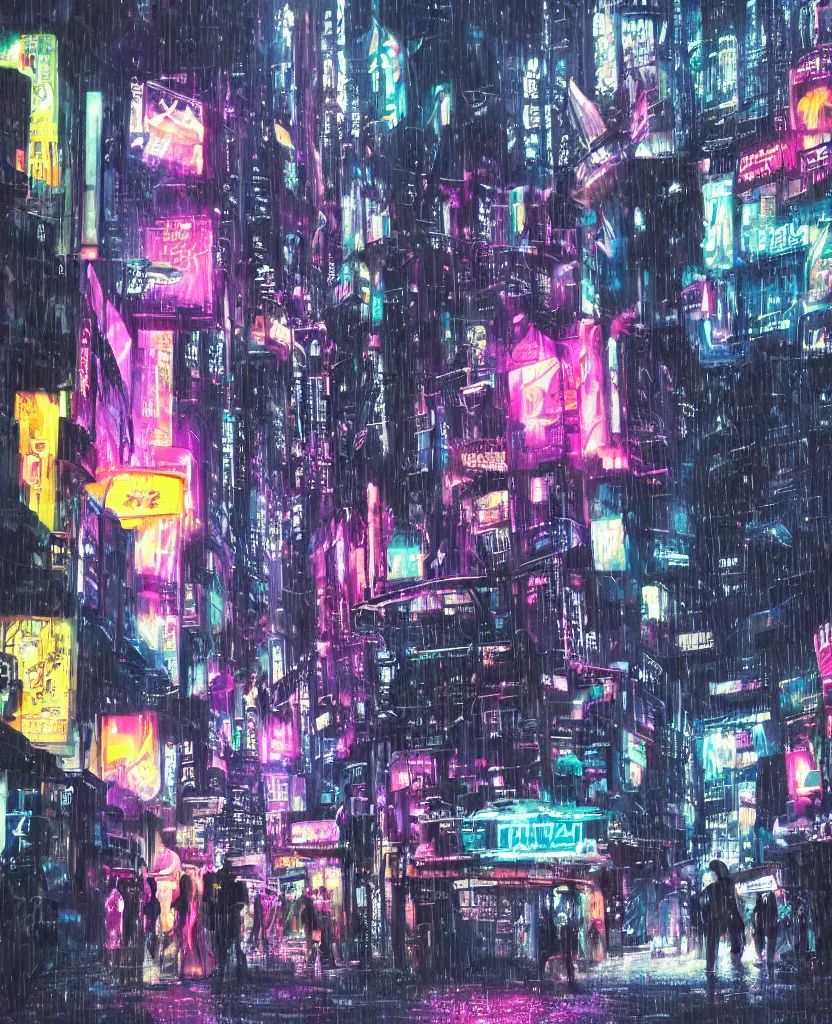 Prompt: cluttered futuristic city at night, night clubs and neons, rain, girl under lantern, by Sean Foley