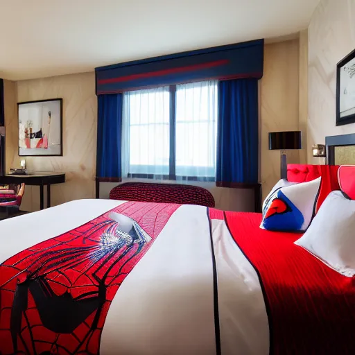 Image similar to designer photography of hotel room themed to spider - man motif. bed has spider - man blankets. wall has spider - man pattern. furniture has spider - man motif. furniture is shaped like spider - man furniture. carpet has spider - man motif. lighting has spider - man film shapes