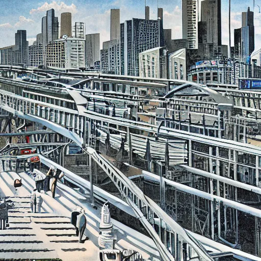 Image similar to placid carboniferous by john philip falter. a installation art of a cityscape. the installation art shows a view from an elevated train line of the city below.