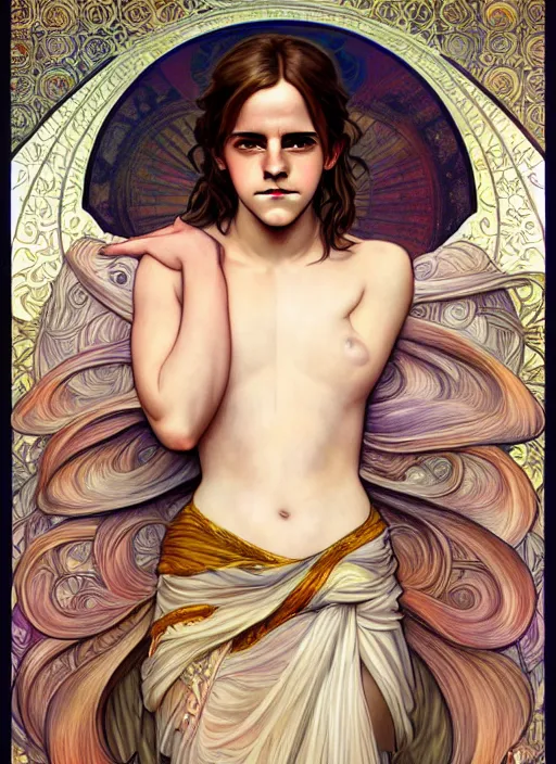 Image similar to Emma Watson as God of Beautifully, full body shot, cute, fantasy, intricate, elegant, highly detailed, digital painting, 4k, HDR, concept art, smooth, sharp focus, illustration, art by alphonse mucha,artgerm, H R Giger