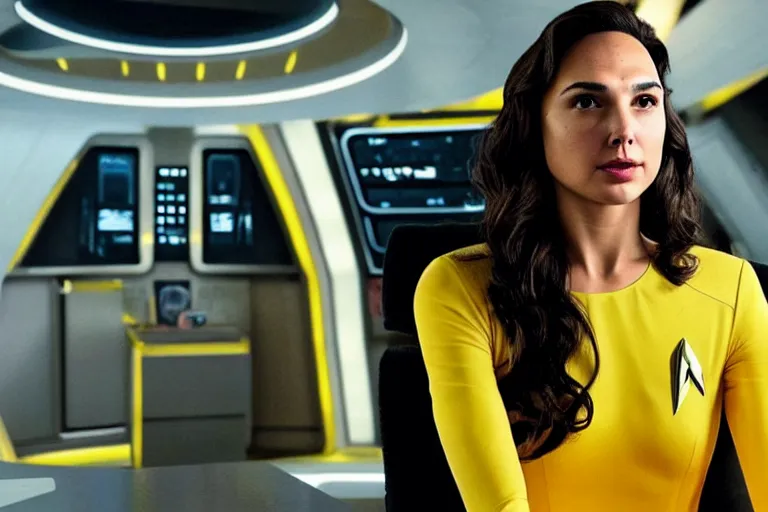 Image similar to Gal Gadot, wearing a yellow uniform, is the captain of the starship Enterprise in the new Star Trek movie