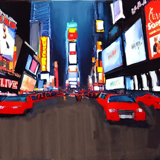 Prompt: <div class='meta image-caption' style='painting' quality='very high'>Danny DeVito in Times Square at night</div>