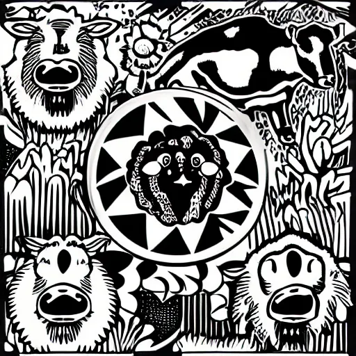 Image similar to belzebub, cow, pig, sheep, chicken, white on black vector ink drawing